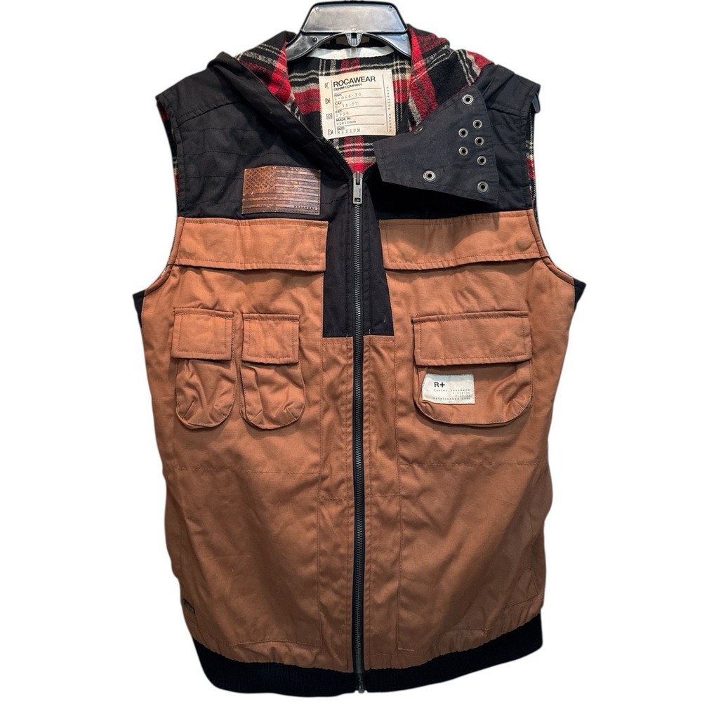 Rocawear Utility Cargo Vest Brown Hooded M Plaid Lined Gorpcore Streetwear